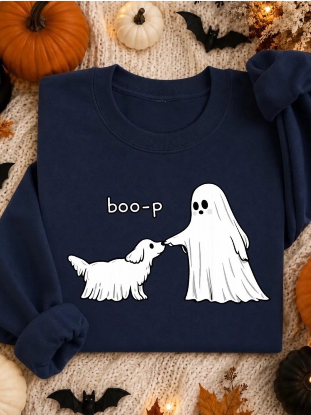 Halloween Sweatshirt - Navy Blue "boo-p" Ghost & Dog Design
